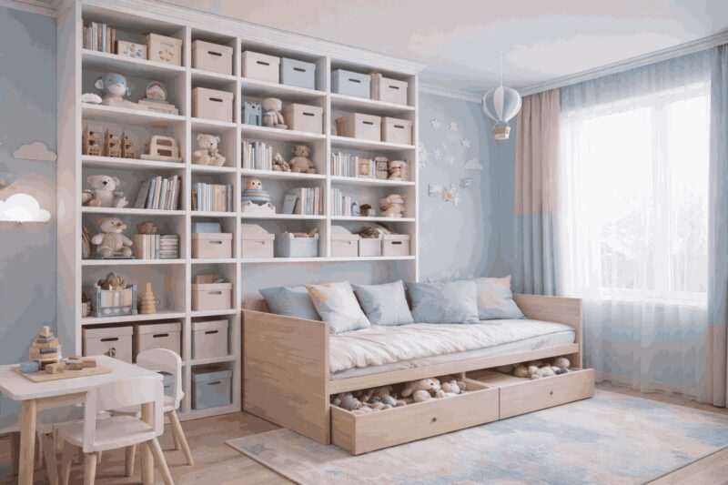 Dečija soba uređenja sa vertikalnim policama