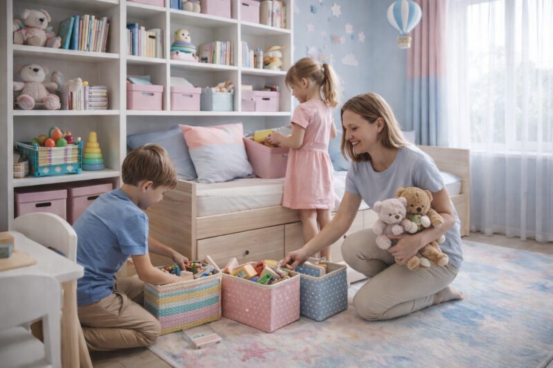 Mama sa ćerkom i sinom rasprema dečiju sobu