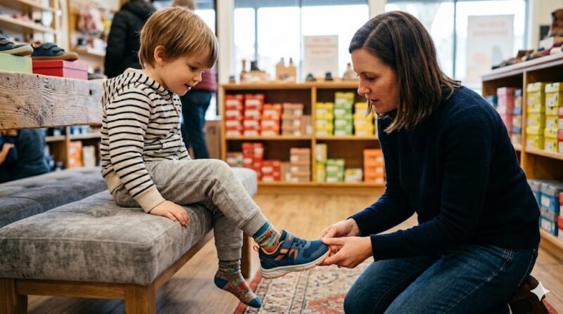 Dete isprobava patike u prodavnici