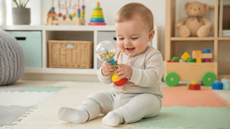 Beba sedi na mekanoj podlozi i samostalno istražuje šarenu zvečku